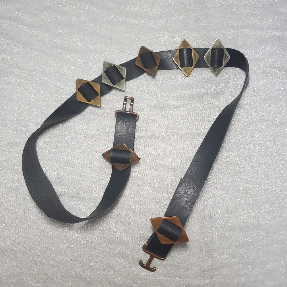 Al Beres USA Vtg Black Leather Belt Mixed Metal Diamond Slides Hook Closure Dune